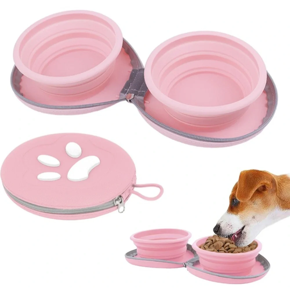 Portable Pink Dog Travel Collapsible Bowl Set